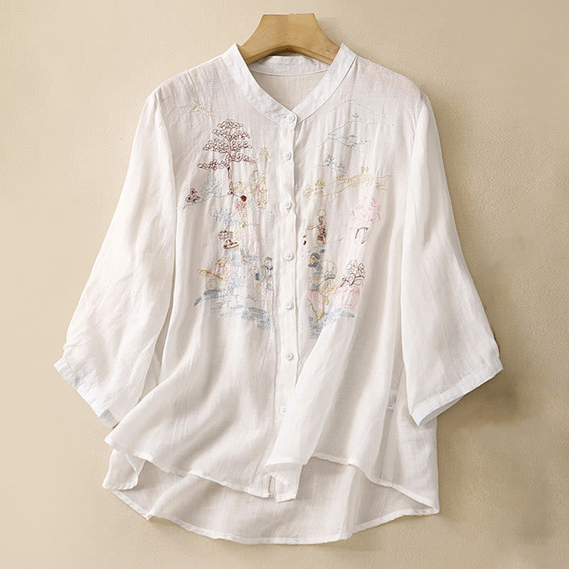 Chemise décontractée en coton et lin pour femme avec col montant et broderies de Buddha Stones