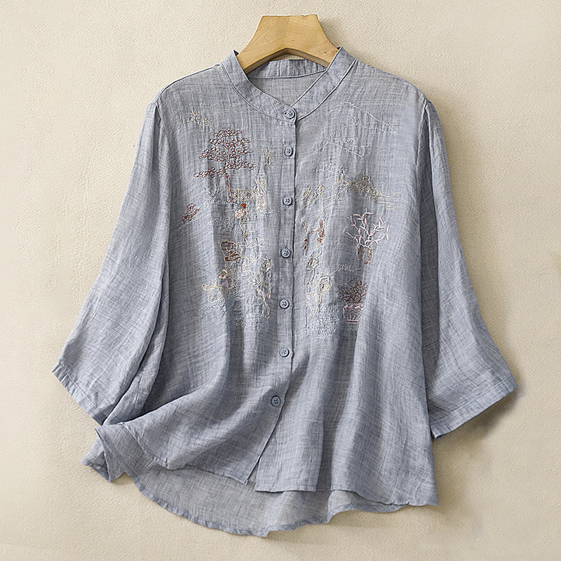 Chemise décontractée en coton et lin pour femme avec col montant et broderies de Buddha Stones