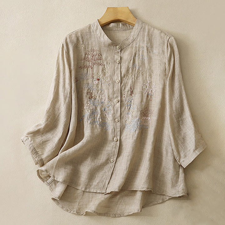 Chemise décontractée en coton et lin pour femme avec col montant et broderies de Buddha Stones