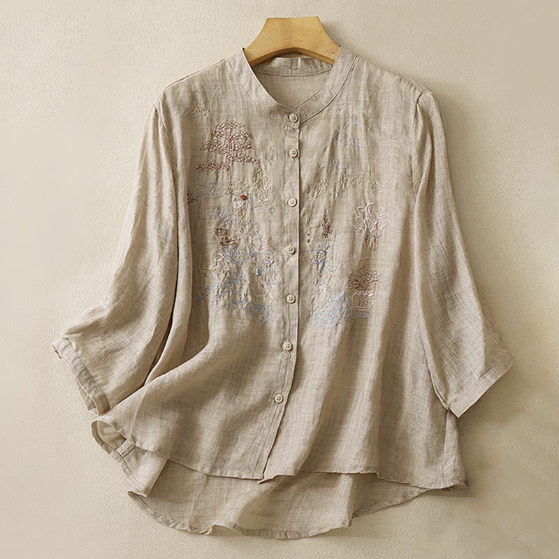 Chemise décontractée en coton et lin pour femme avec col montant et broderies de Buddha Stones