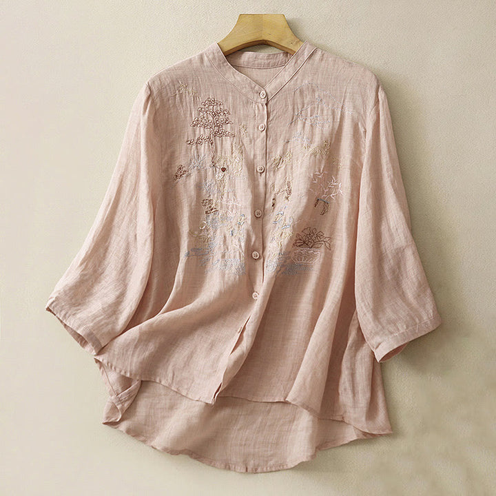 Chemise décontractée en coton et lin pour femme avec col montant et broderies de Buddha Stones