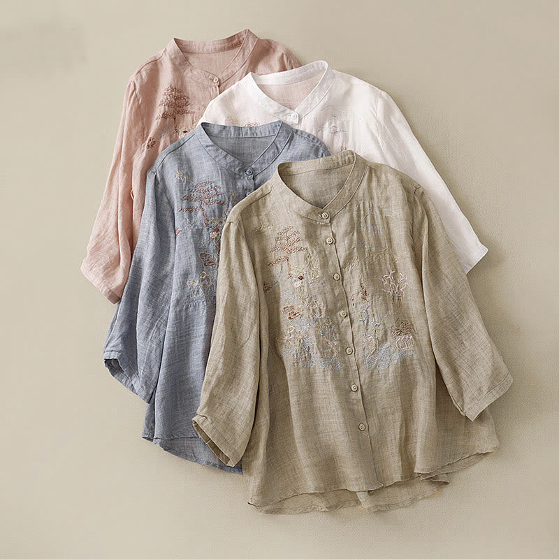 Chemise décontractée en coton et lin pour femme avec col montant et broderies de Buddha Stones