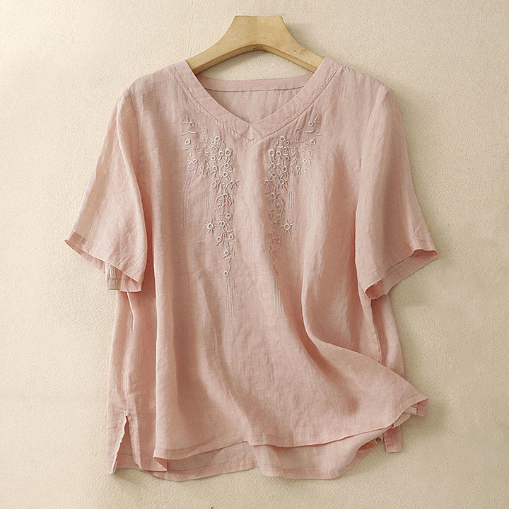 Chemise décontractée en coton et lin à manches mi-longues et col en V pour femme avec broderie de fleurs Buddha Stones