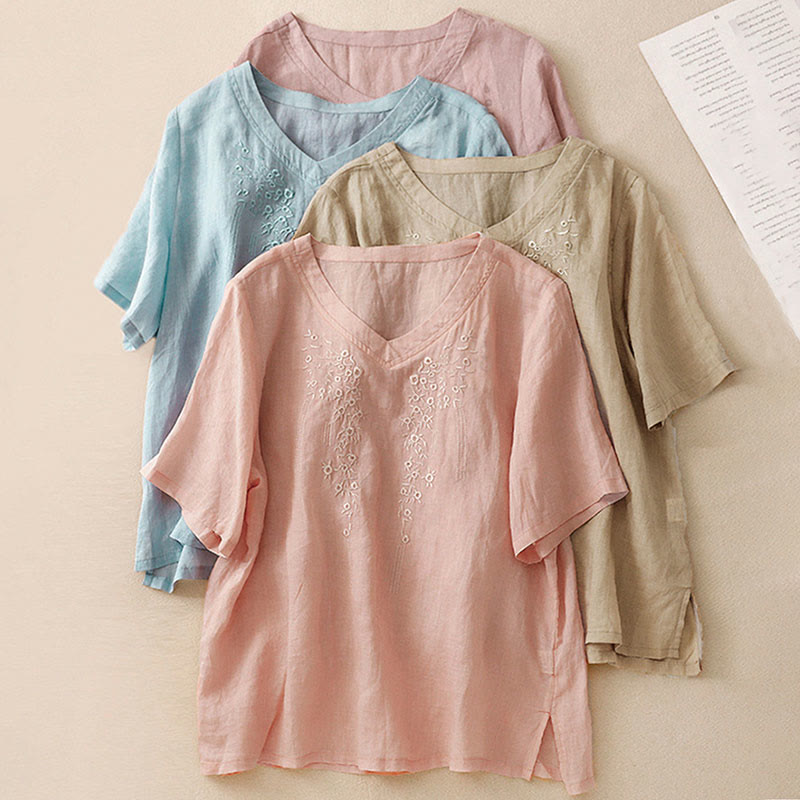 Chemise décontractée en coton et lin à manches mi-longues et col en V pour femme avec broderie de fleurs Buddha Stones
