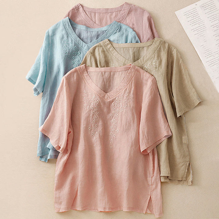 Chemise décontractée en coton et lin à manches mi-longues et col en V pour femme avec broderie de fleurs Buddha Stones