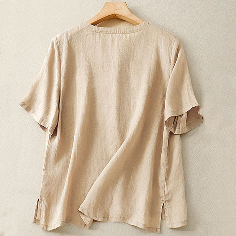 Chemise décontractée en coton et lin à manches mi-longues et col en V pour femme avec broderie de fleurs Buddha Stones