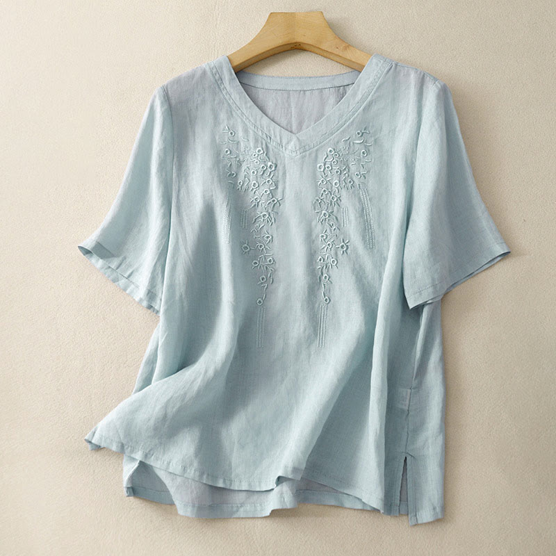 Chemise décontractée en coton et lin à manches mi-longues et col en V pour femme avec broderie de fleurs Buddha Stones - Bleu clair - US8-10，UK/AU12-14，EU40-42 (2XL) - image 21