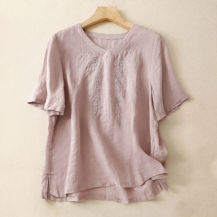 Chemise décontractée en coton et lin à manches mi-longues et col en V pour femme avec broderie de fleurs Buddha Stones