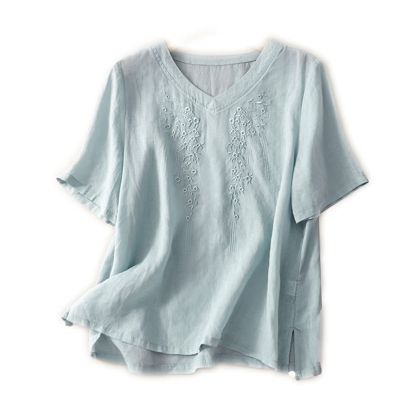 Chemise décontractée en coton et lin à manches mi-longues et col en V pour femme avec broderie de fleurs Buddha Stones
