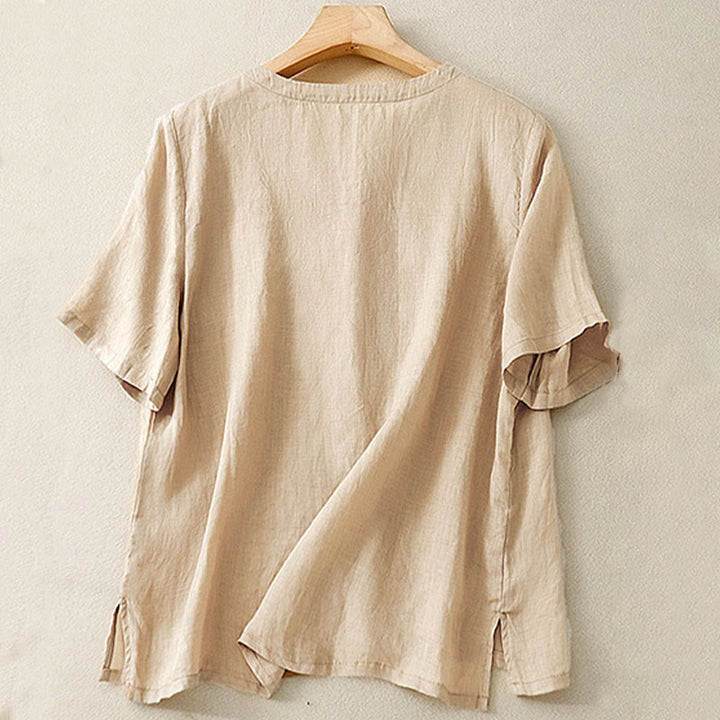 Chemise décontractée en coton et lin à manches mi-longues et col en V pour femme avec broderie de fleurs Buddha Stones - image 13