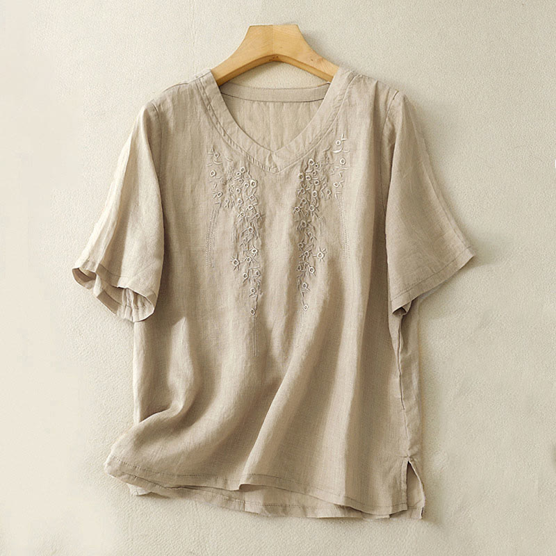 Chemise décontractée en coton et lin à manches mi-longues et col en V pour femme avec broderie de fleurs Buddha Stones