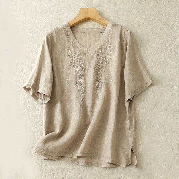 Chemise décontractée en coton et lin à manches mi-longues et col en V pour femme avec broderie de fleurs Buddha Stones