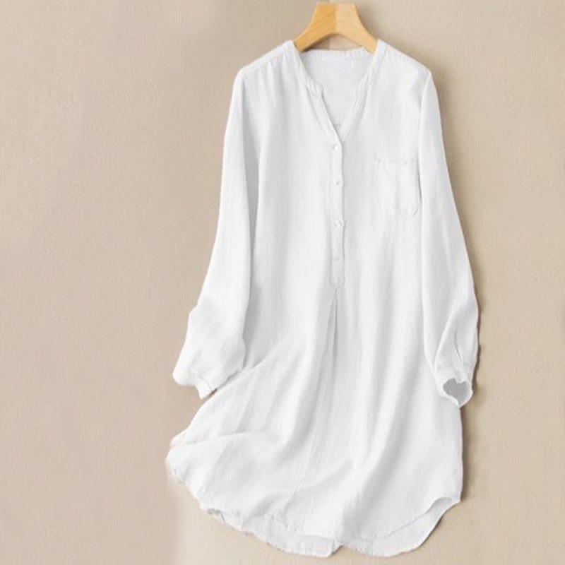Chemise décontractée à col en V et manches longues pour femme avec trois boutons en polyester et Buddha Stones