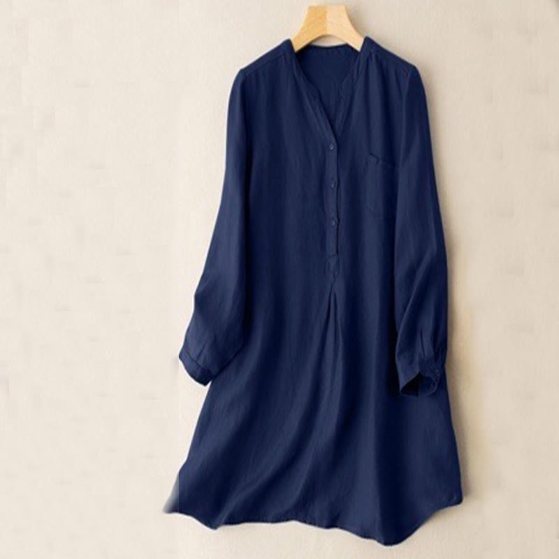 Chemise décontractée à col en V et manches longues pour femme avec trois boutons en polyester et Buddha Stones