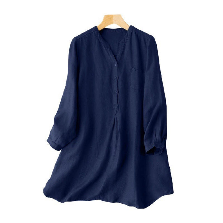 Chemise décontractée à col en V et manches longues pour femme avec trois boutons en polyester et Buddha Stones