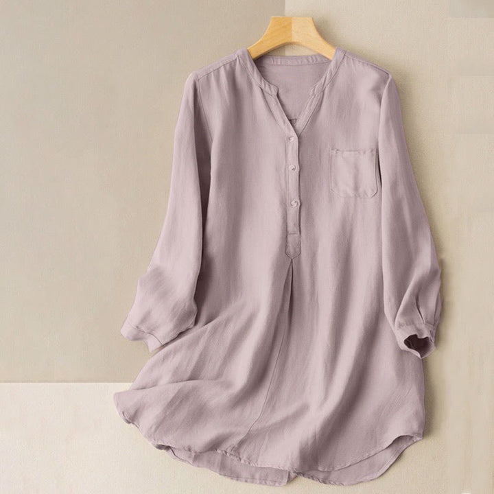 Chemise décontractée à col en V et manches longues pour femme avec trois boutons en polyester et Buddha Stones