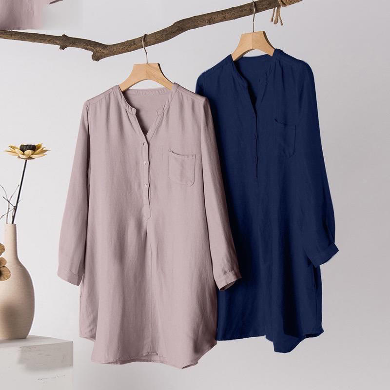Chemise décontractée à col en V et manches longues pour femme avec trois boutons en polyester et Buddha Stones