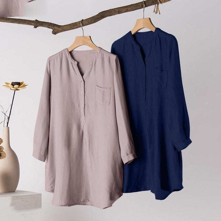 Chemise décontractée à col en V et manches longues pour femme avec trois boutons en polyester et Buddha Stones