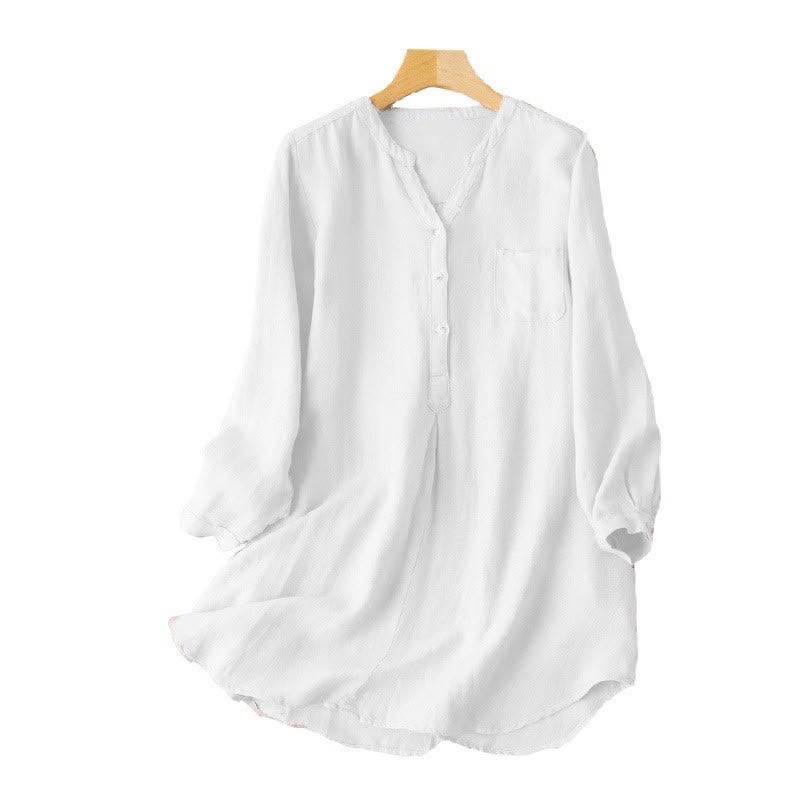 Chemise décontractée à col en V et manches longues pour femme avec trois boutons en polyester et Buddha Stones