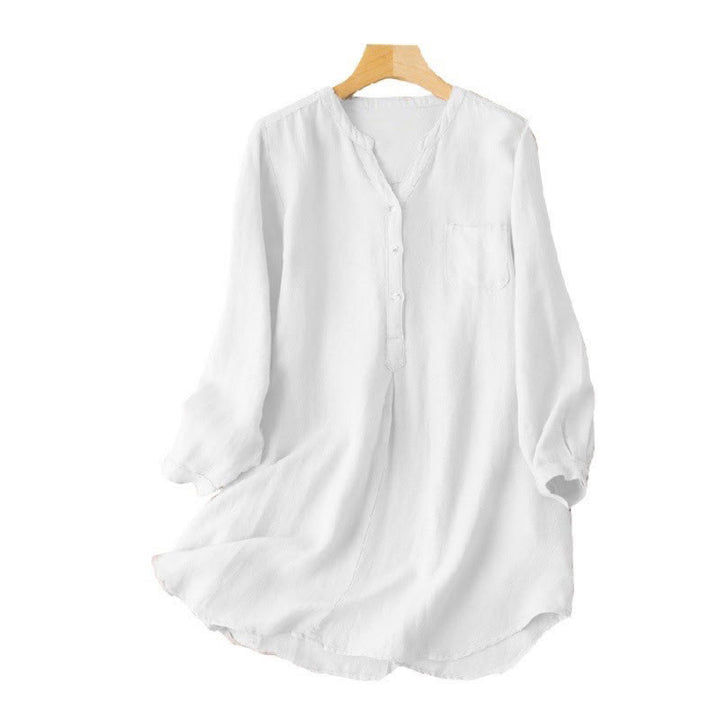 Chemise décontractée à col en V et manches longues pour femme avec trois boutons en polyester et Buddha Stones