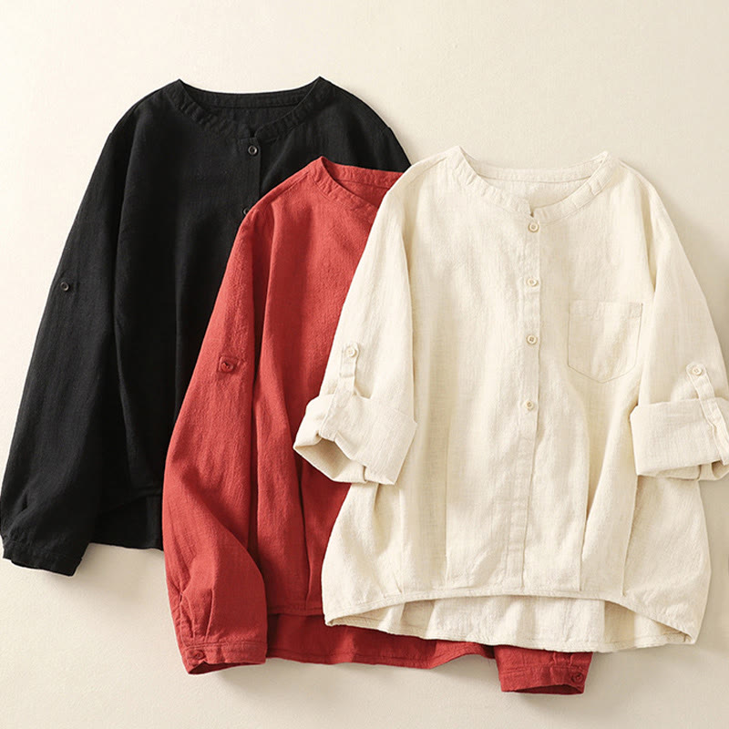 Chemise décontractée en coton et lin à manches longues et col montant pour femme Buddha Stones - image 16