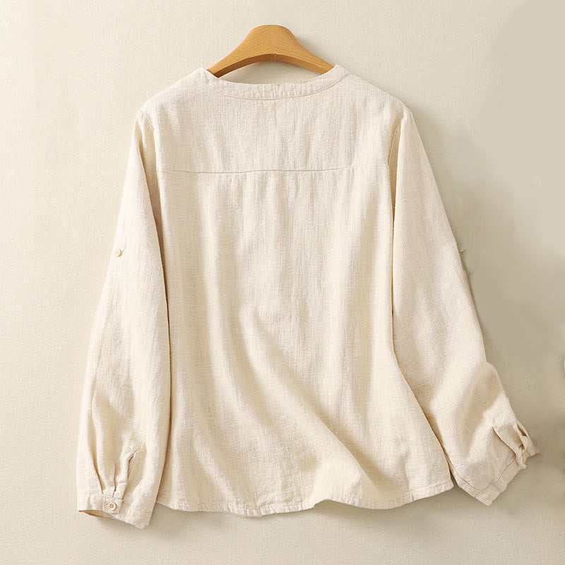 Chemise décontractée en coton et lin à manches longues et col montant pour femme Buddha Stones - image 5