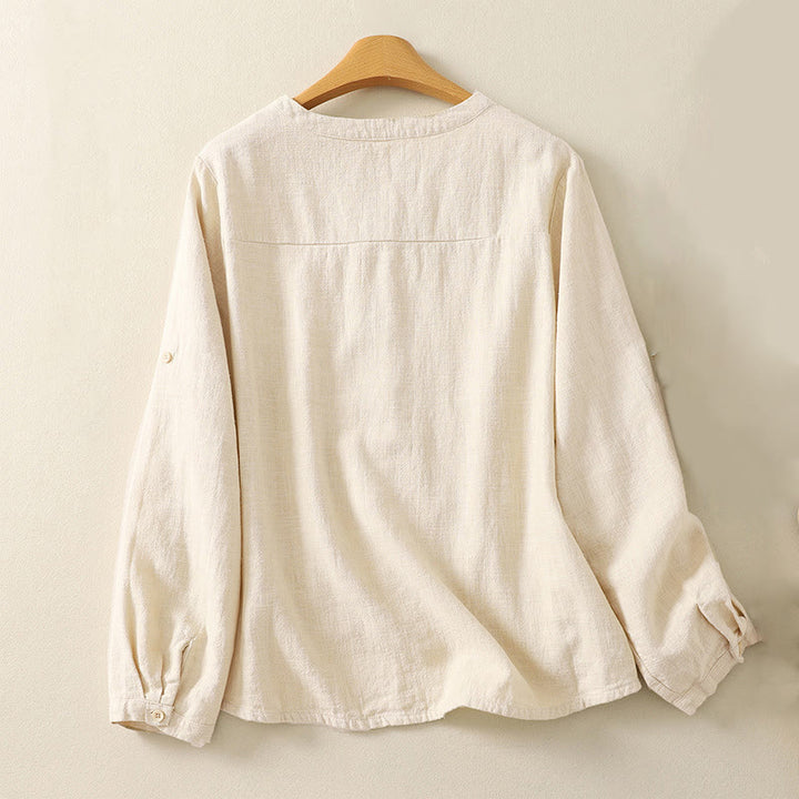 Chemise décontractée en coton et lin à manches longues et col montant pour femme Buddha Stones - image 5