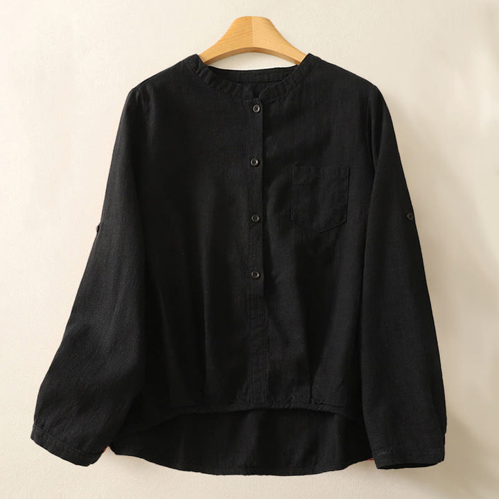 Chemise décontractée en coton et lin à manches longues et col montant pour femme Buddha Stones - Noir - US8-10，UK/AU12-14，EU40-42 (2XL) - image 12