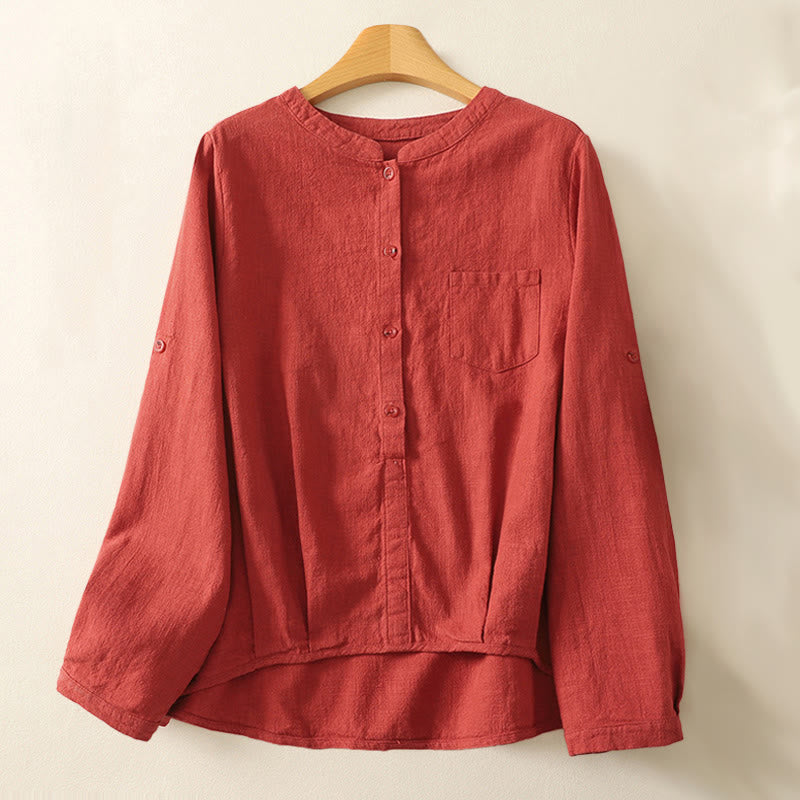 Chemise décontractée en coton et lin à manches longues et col montant pour femme Buddha Stones - Brique réfractaire - US8-10，UK/AU12-14，EU40-42 (2XL) - image 0