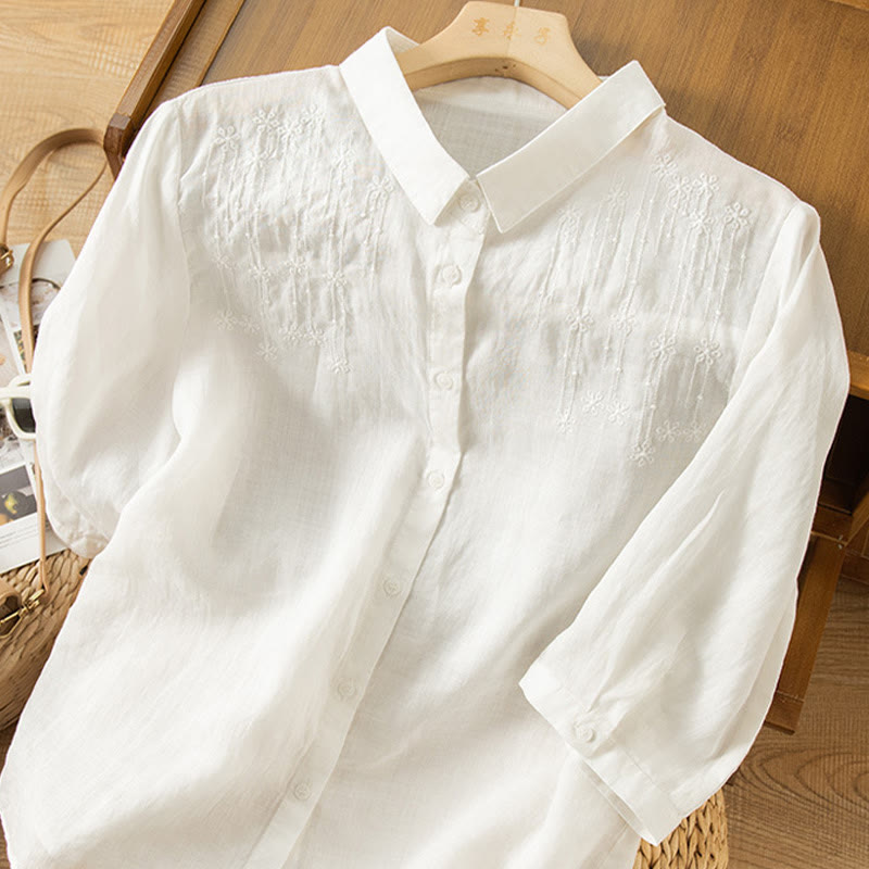 Chemise décontractée en coton et lin à manches mi-longues et col montant avec broderie Buddha Stones pour femmes
