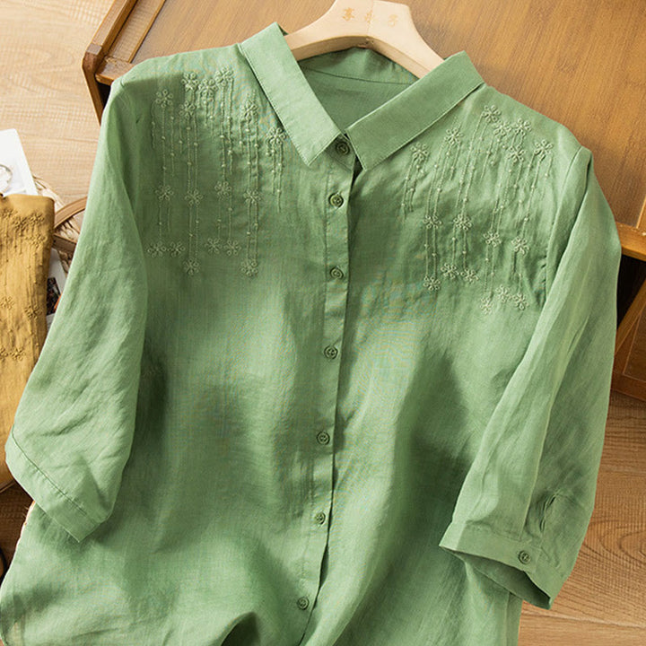 Chemise décontractée en coton et lin à manches mi-longues et col montant avec broderie Buddha Stones pour femmes