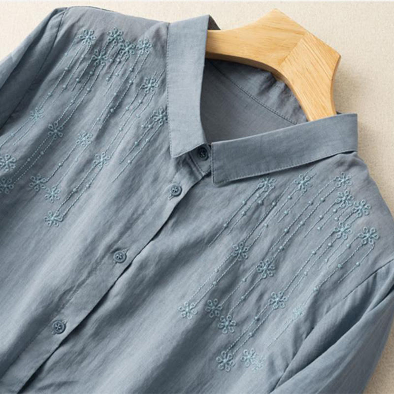 Chemise décontractée en coton et lin à manches mi-longues et col montant avec broderie Buddha Stones pour femmes