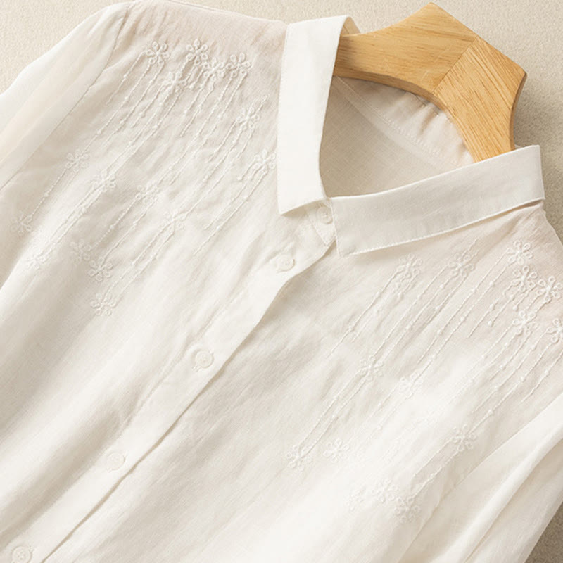 Chemise décontractée en coton et lin à manches mi-longues et col montant avec broderie Buddha Stones pour femmes