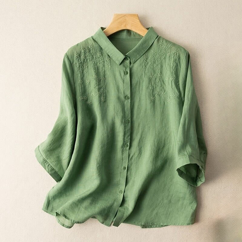 Chemise décontractée en coton et lin à manches mi-longues et col montant avec broderie Buddha Stones pour femmes - Vert mer moyen - US8-10，UK/AU12-14，EU40-42 (2XL) - image 0