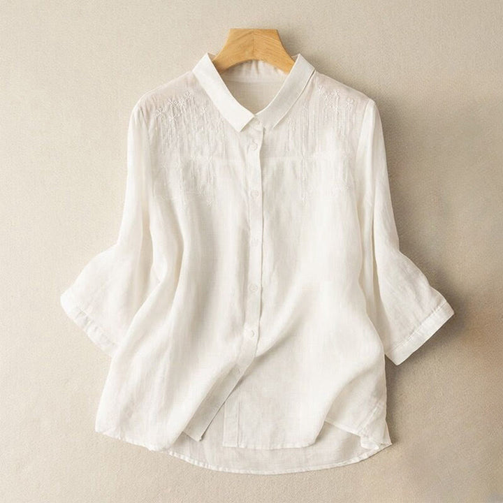 Chemise décontractée en coton et lin à manches mi-longues et col montant avec broderie Buddha Stones pour femmes