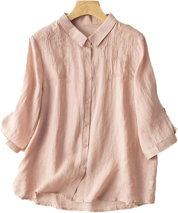 Chemise décontractée en coton et lin à manches mi-longues et col montant avec broderie Buddha Stones pour femmes
