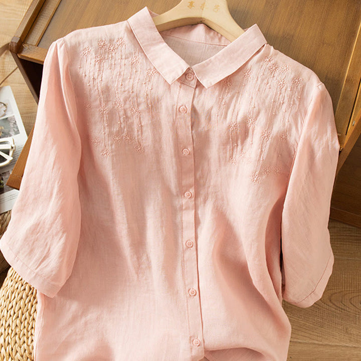 Chemise décontractée en coton et lin à manches mi-longues et col montant avec broderie Buddha Stones pour femmes