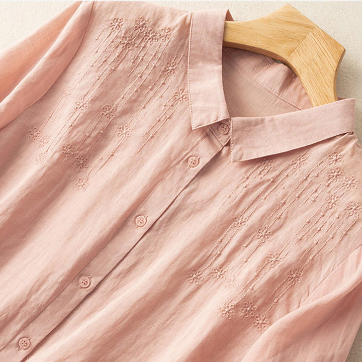 Chemise décontractée en coton et lin à manches mi-longues et col montant avec broderie Buddha Stones pour femmes