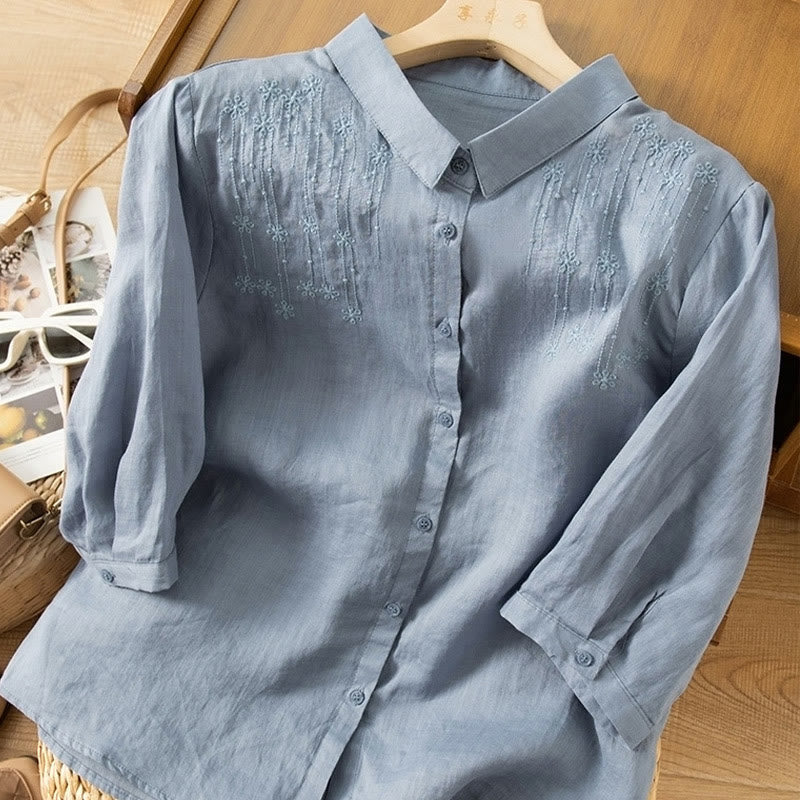 Chemise décontractée en coton et lin à manches mi-longues et col montant avec broderie Buddha Stones pour femmes