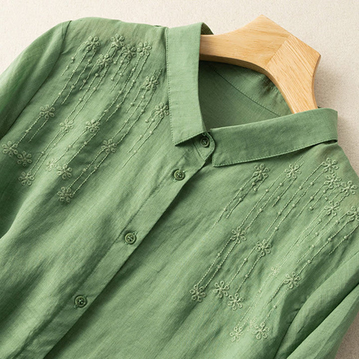 Chemise décontractée en coton et lin à manches mi-longues et col montant avec broderie Buddha Stones pour femmes
