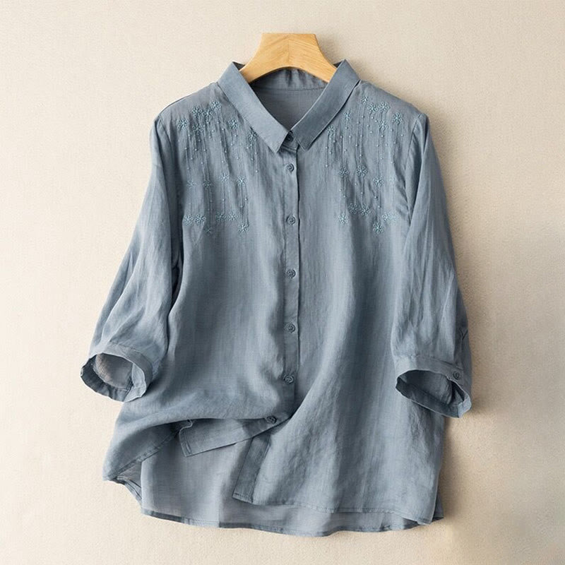 Chemise décontractée en coton et lin à manches mi-longues et col montant avec broderie Buddha Stones pour femmes