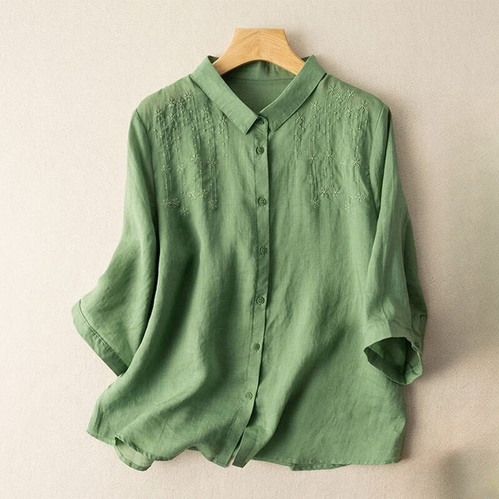 Chemise décontractée en coton et lin à manches mi-longues et col montant avec broderie Buddha Stones pour femmes