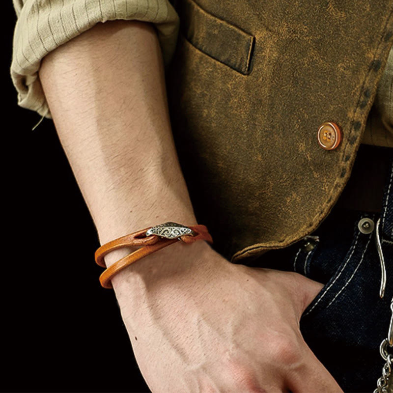 Bracelet de protection multi-tours en cuir et argent sterling 925 Buddha Stones