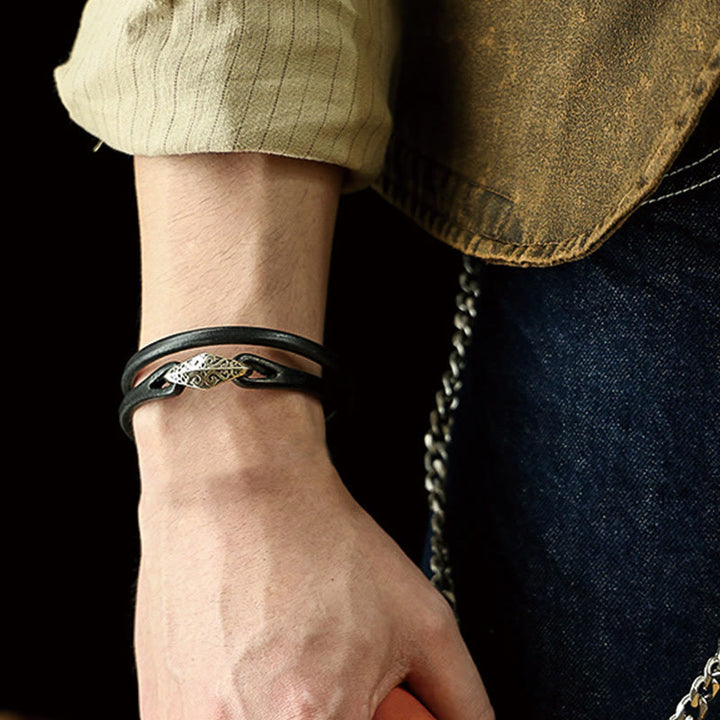 Bracelet de protection multi-tours en cuir et argent sterling 925 Buddha Stones