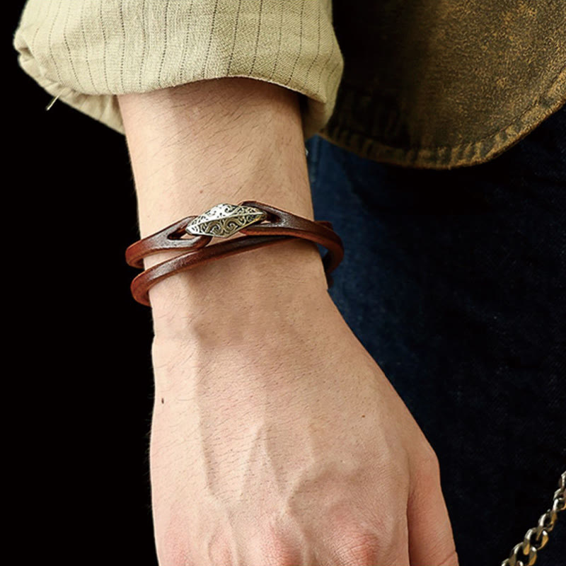 Bracelet de protection multi-tours en cuir et argent sterling 925 Buddha Stones