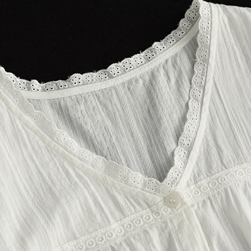 Chemise en coton à manches courtes et col en V en dentelle blanche pure pour femme de Buddha Stones - image 6