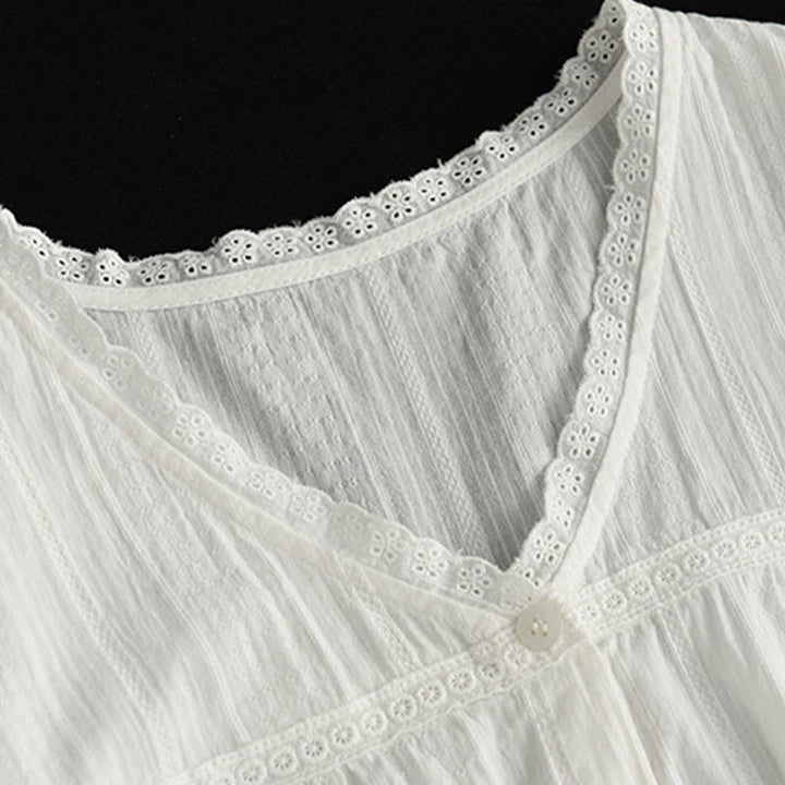 Chemise en coton à manches courtes et col en V en dentelle blanche pure pour femme de Buddha Stones - image 6