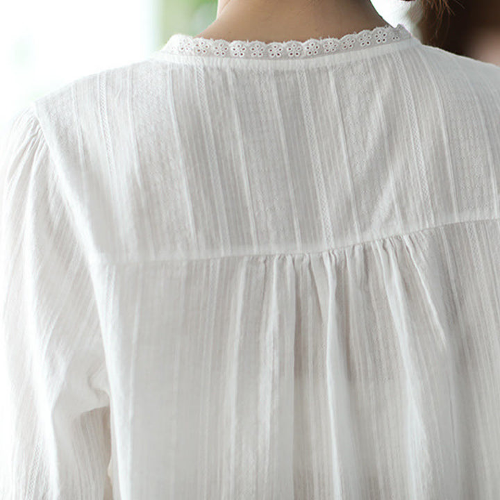 Chemise en coton à manches courtes et col en V en dentelle blanche pure pour femme de Buddha Stones - image 5