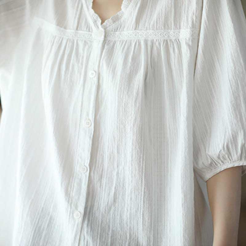 Chemise en coton à manches courtes et col en V en dentelle blanche pure pour femme de Buddha Stones - image 7