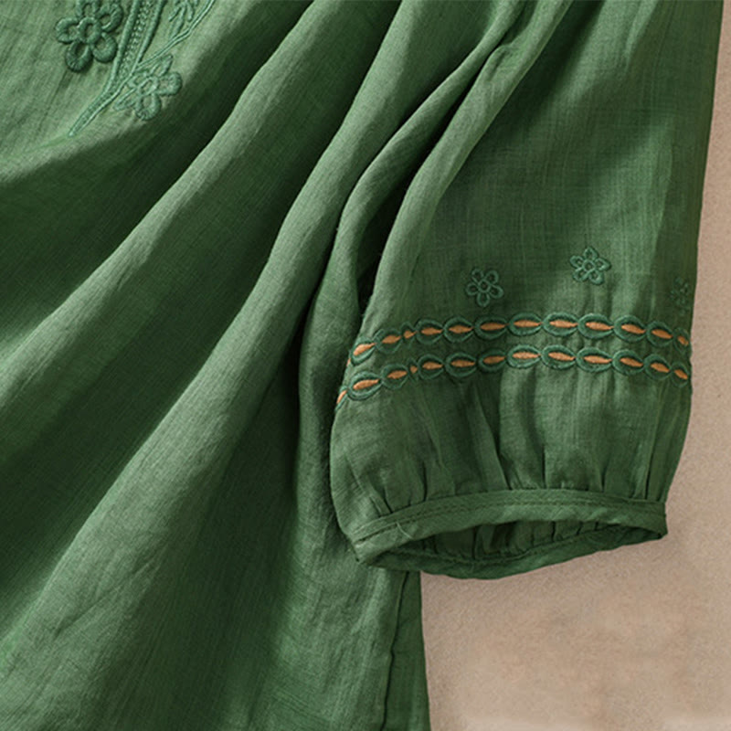 Chemise en coton et lin à manches courtes et col ras du cou pour femme Buddha Stones